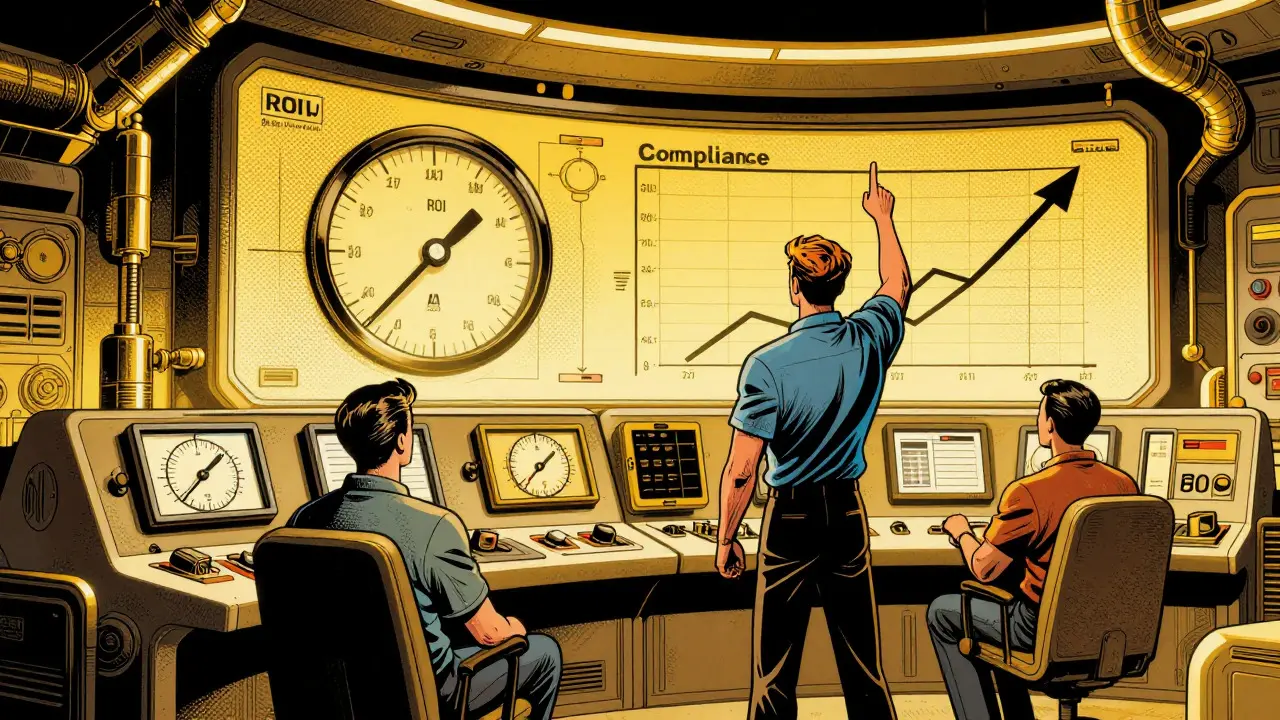 Retro-futuristic control room where staff monitor successful AI metrics and compliance dials.