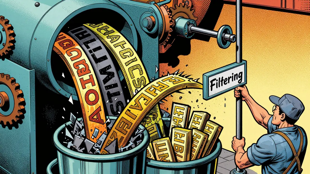 Retro-futuristic machine filtering out toxic text shards while letting clean data pass through.