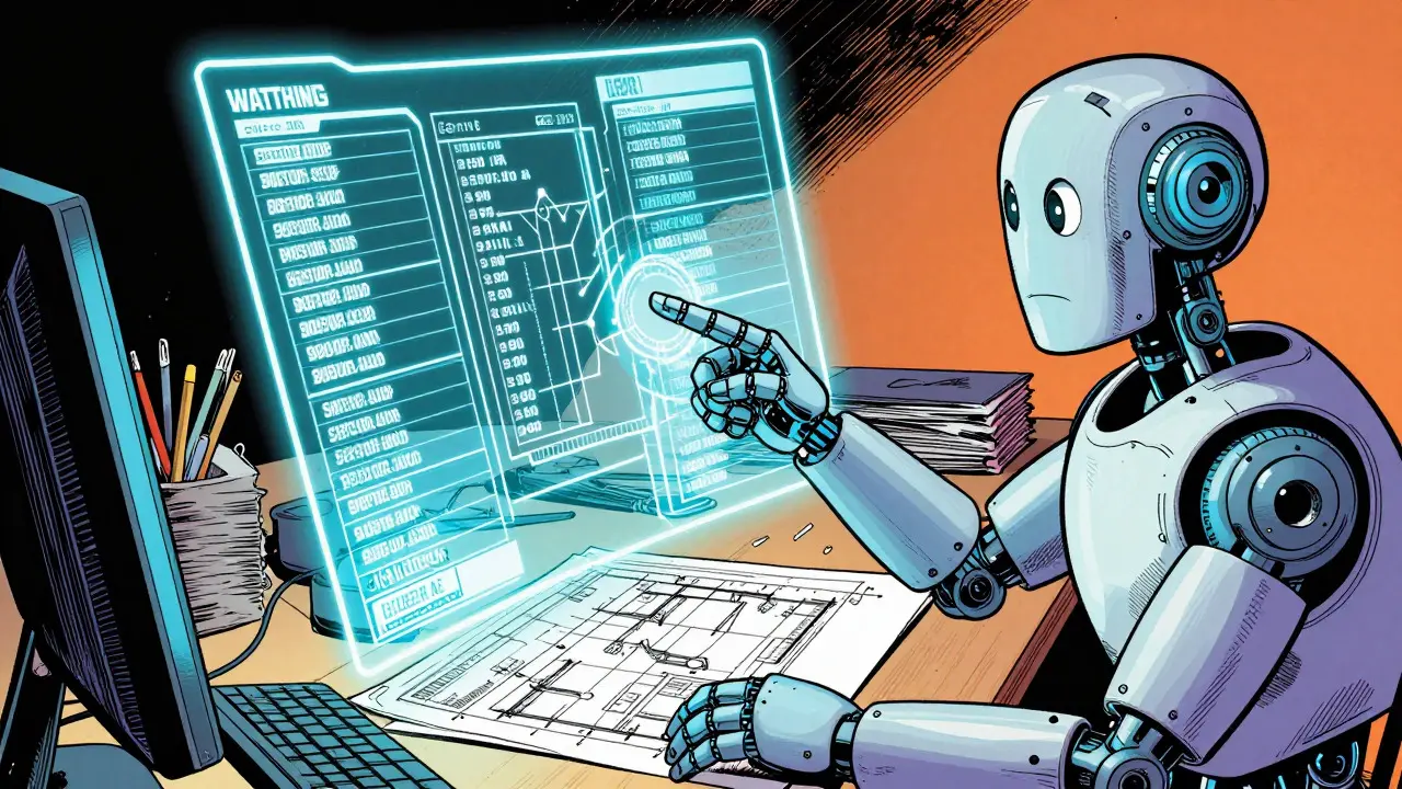 Robot assistant analyzing holographic blueprints for automated bidding.
