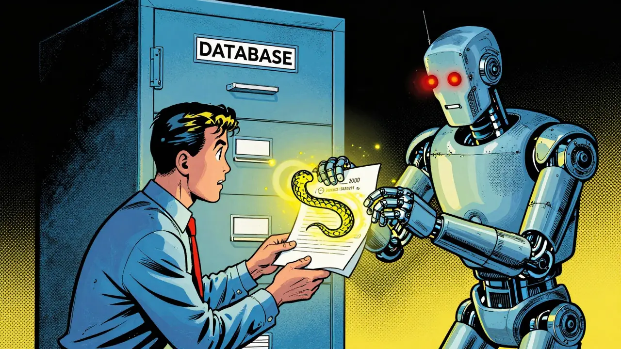 Robot processing a document with hidden malware in vintage comic book art