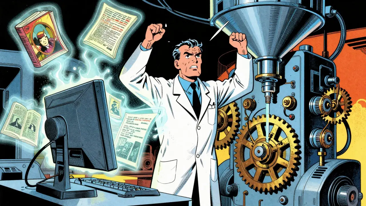 Scientist feeds books and art into a steampunk AI computer in vintage comic art