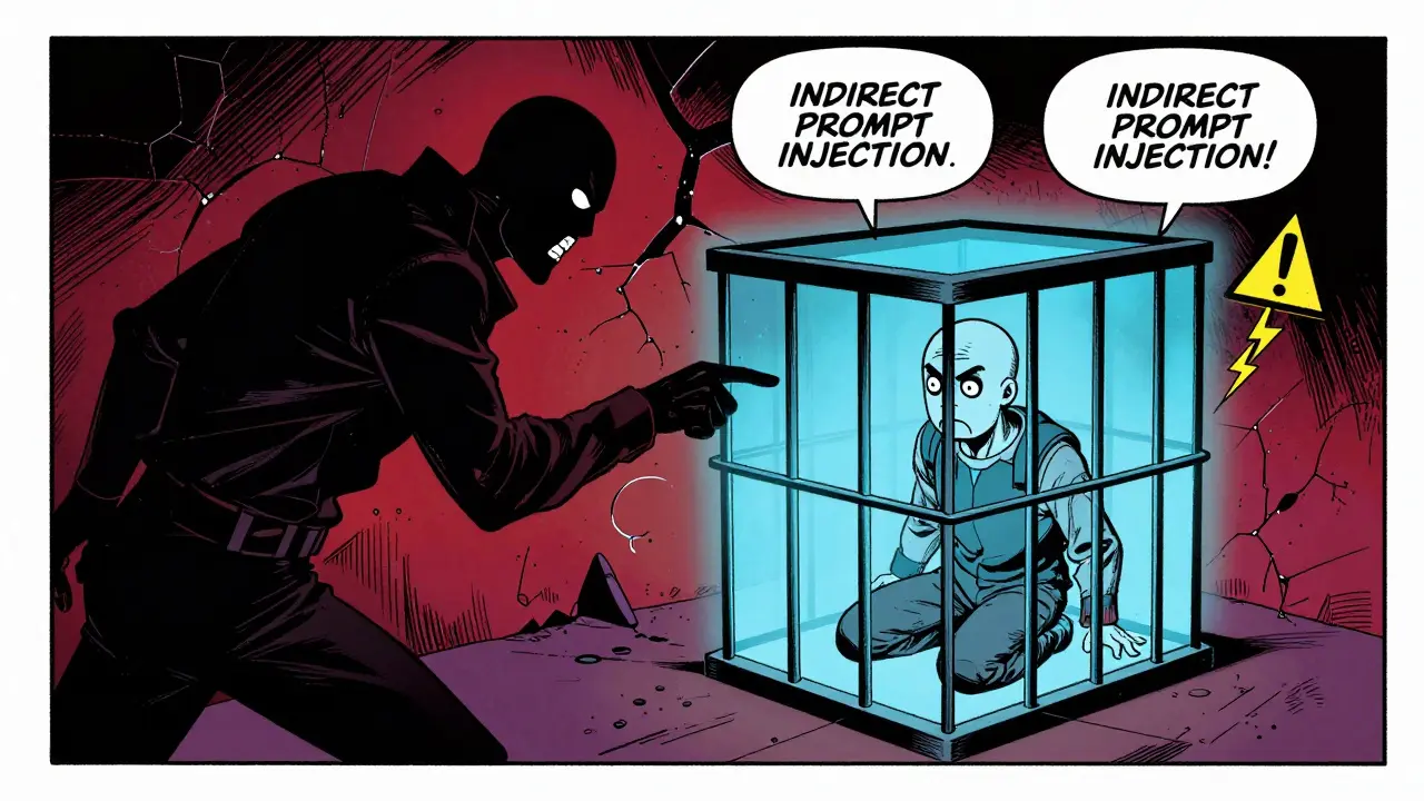 Shadowy hacker threatening an AI agent protected by a glowing sandbox in vintage comic art.