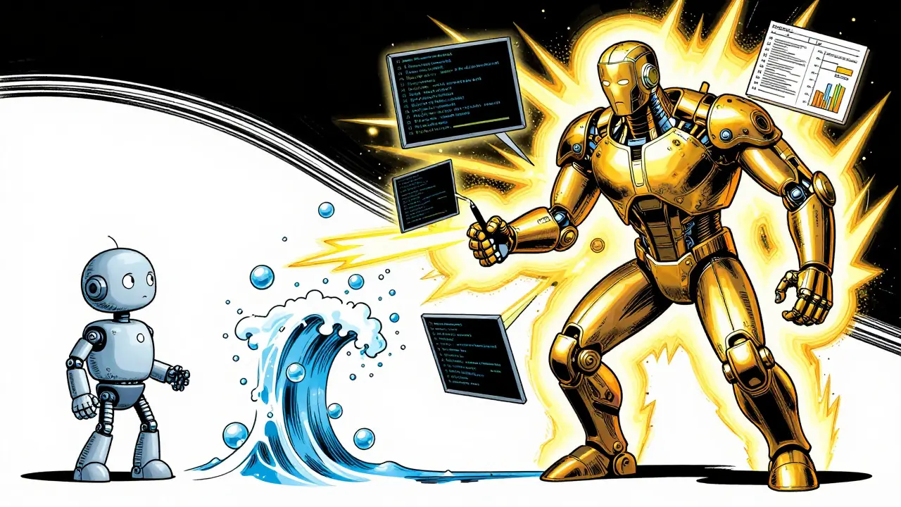 Small robot vs giant AI showing emergent abilities in vintage comic style