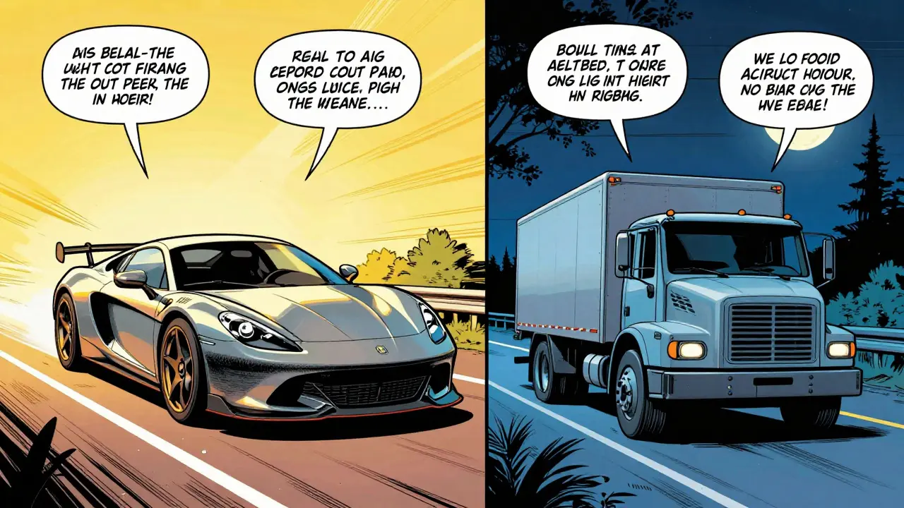 Sports car vs truck day and night, illustrating AI scheduling, vintage comic art