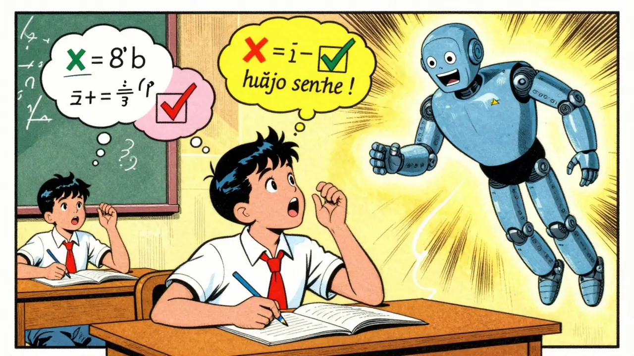 Student receiving personalized tutoring feedback via AI in comic art