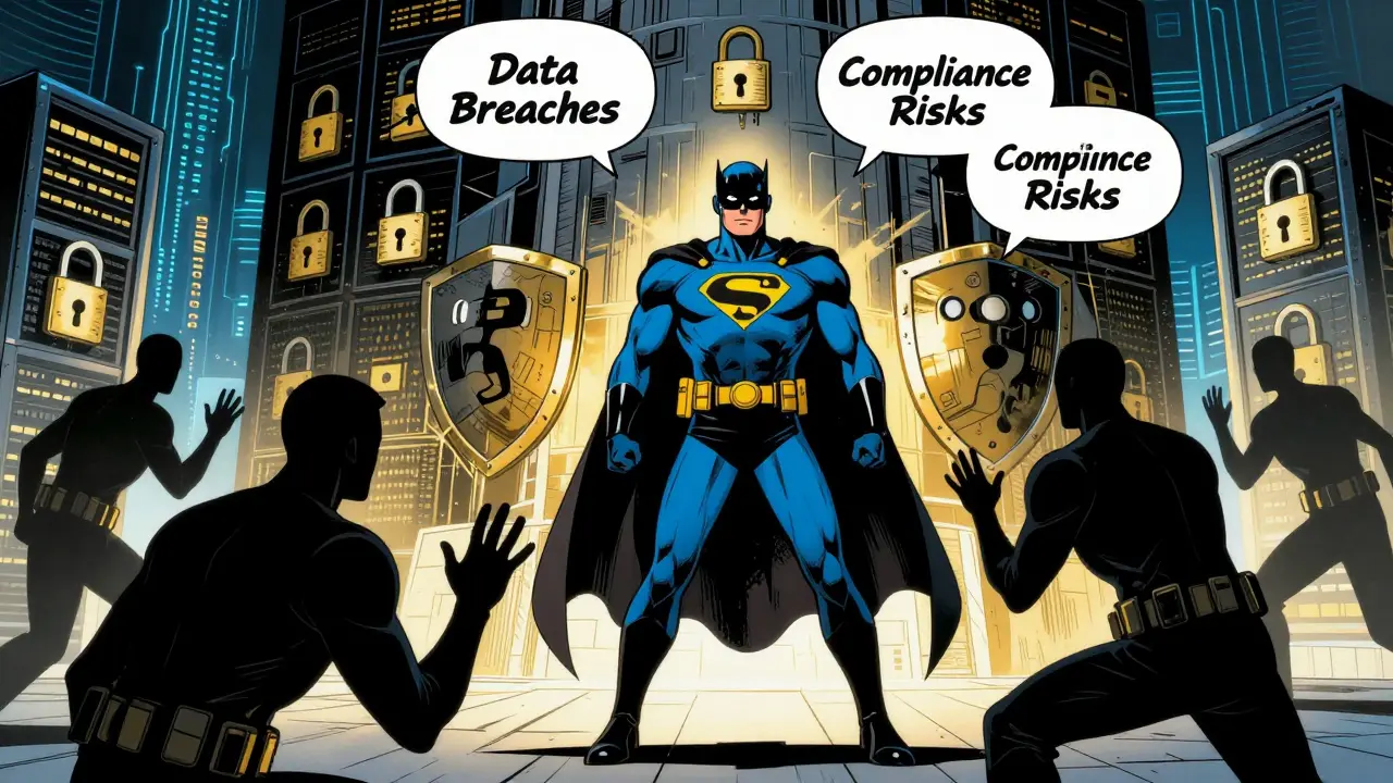 Superhero guarding digital fortress against cyber threats and risks