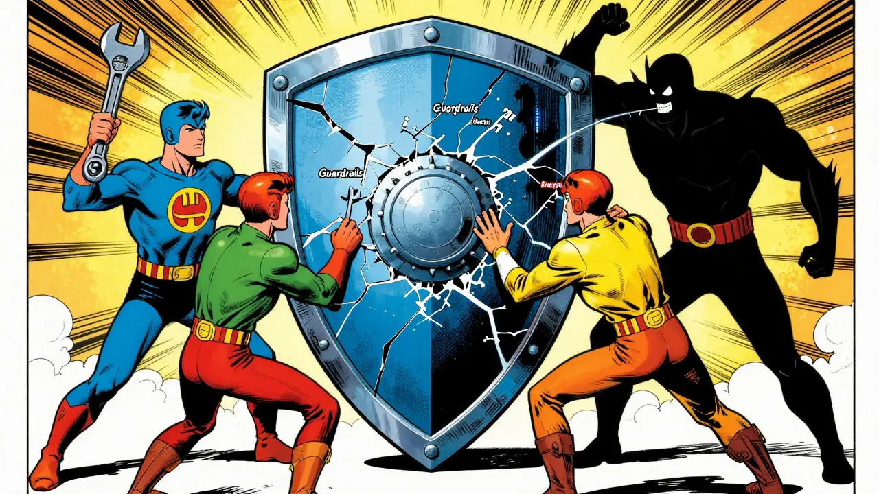 Superheroes repairing a cracked AI safety shield against a villain in Golden Age comic style.