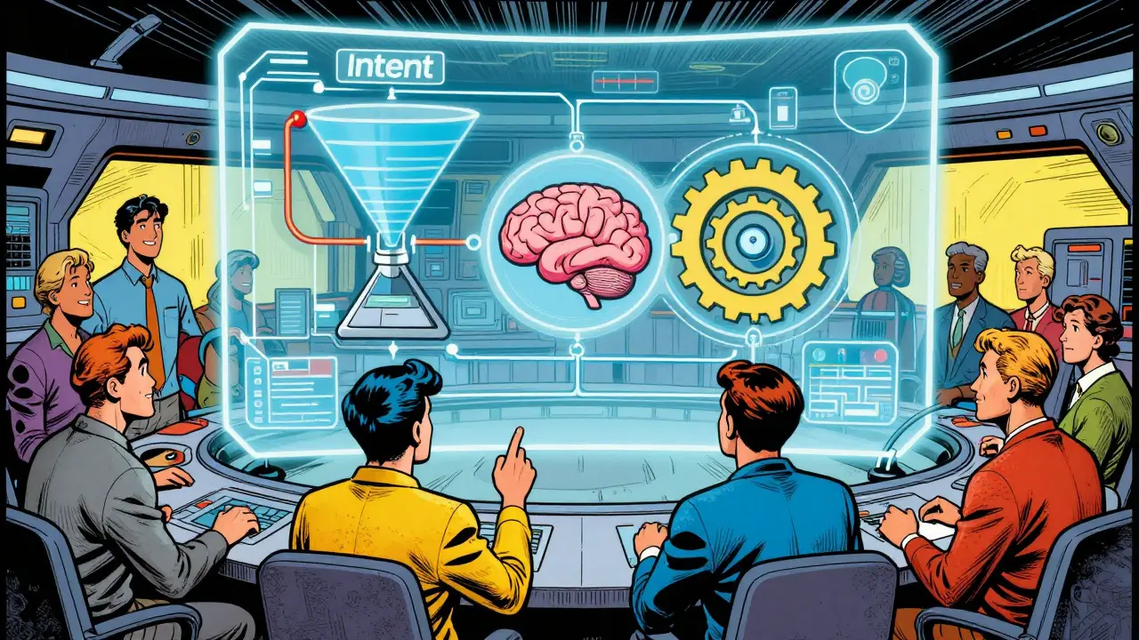 Team reviewing a clean, organized system hologram in a retro control room