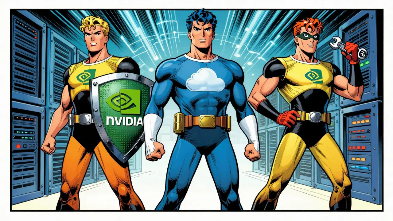 Three heroic figures representing NVIDIA, Microsoft, and open-source AI