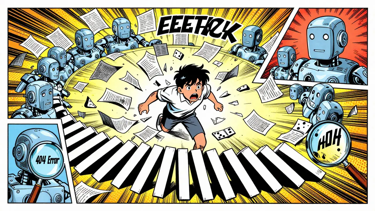 Vortex of fake citations and AI robots creating a feedback loop in retro comic art.