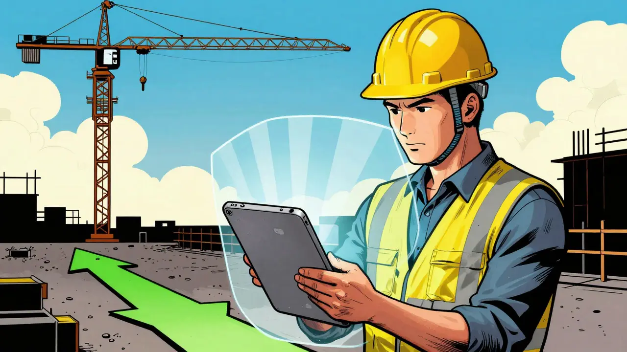 Worker protected by AI-generated safety shields on a job site.