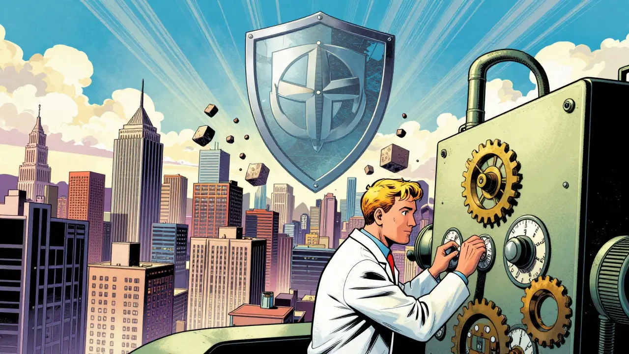 A scientist operating a machine protecting a city from data chaos