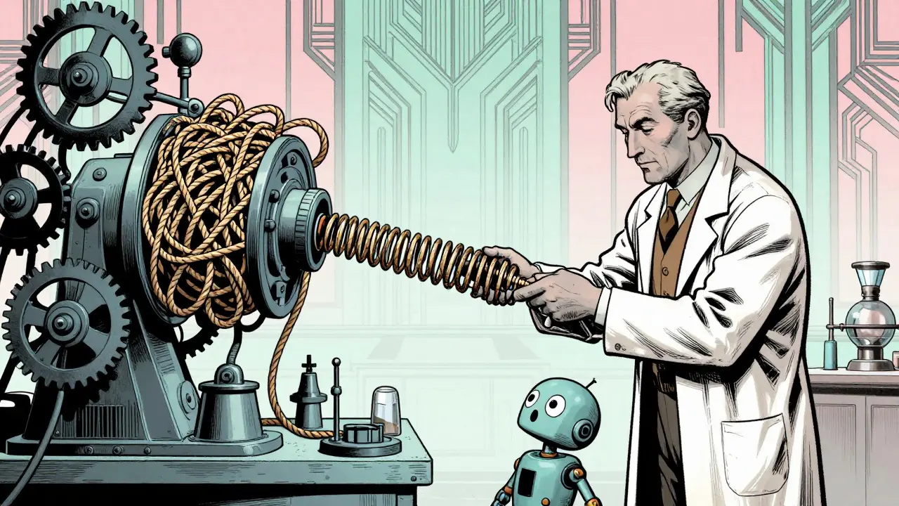 A scientist operating a machine that transforms a tangled rope into a tight spring