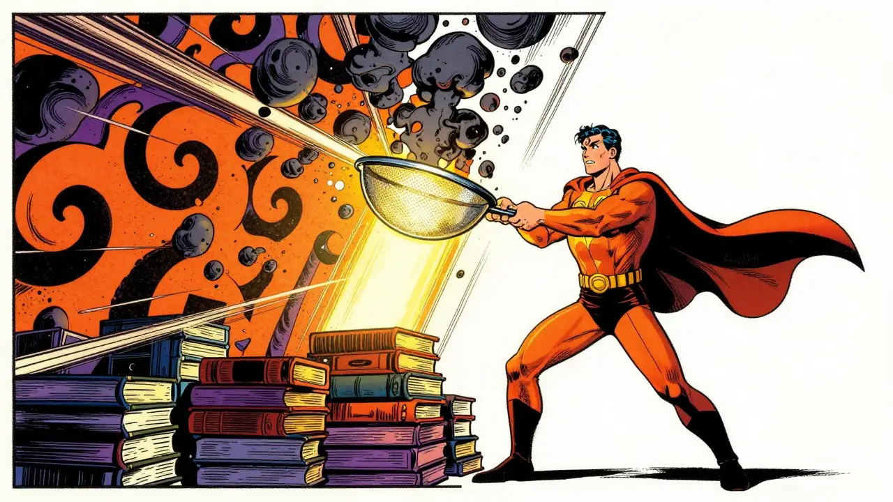 A superhero using a giant sieve to filter out dark noise from a stream of light