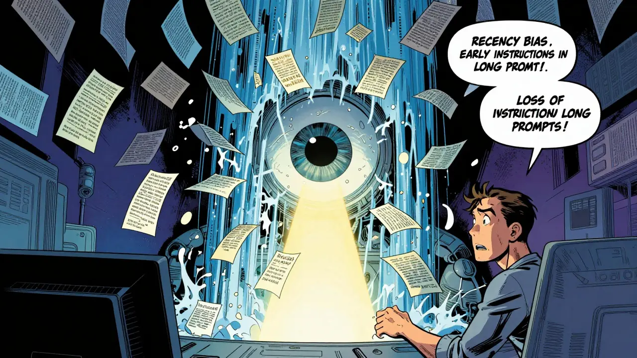 AI eye overwhelmed by a flood of text blocks, highlighting confusion from long prompts.