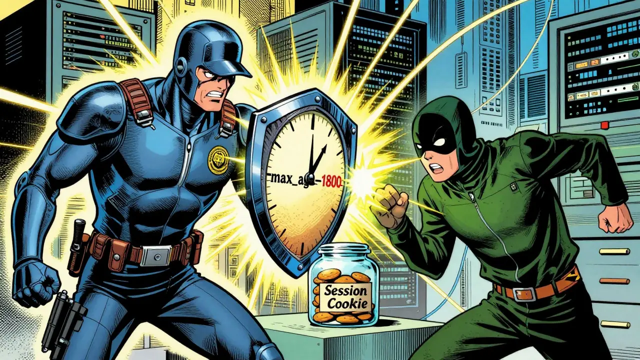 Armored security guard blocking a thief stealing session cookies with a max_age shield in retro art.