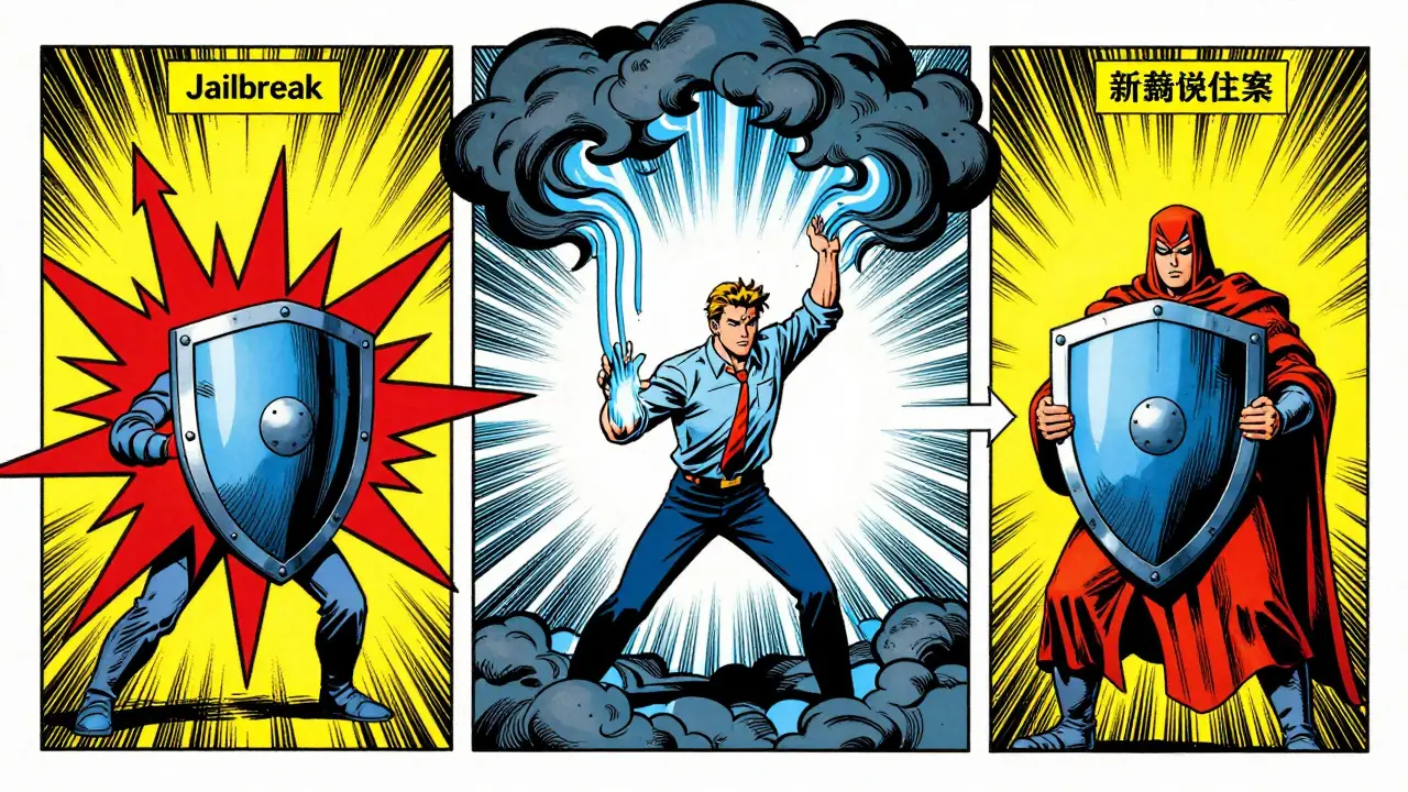 Comic art showing development, deployment, and maintenance of AI safety shields
