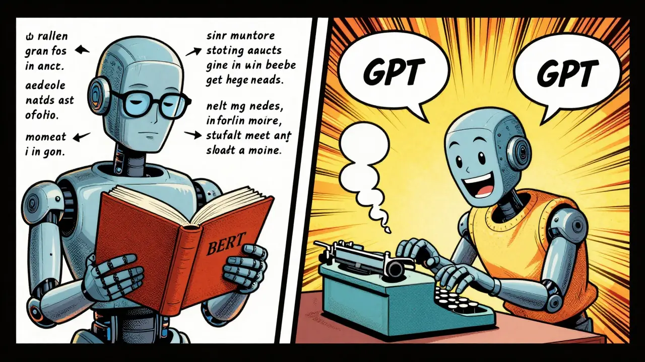 Comic book split panel showing BERT reader robot and GPT writer robot