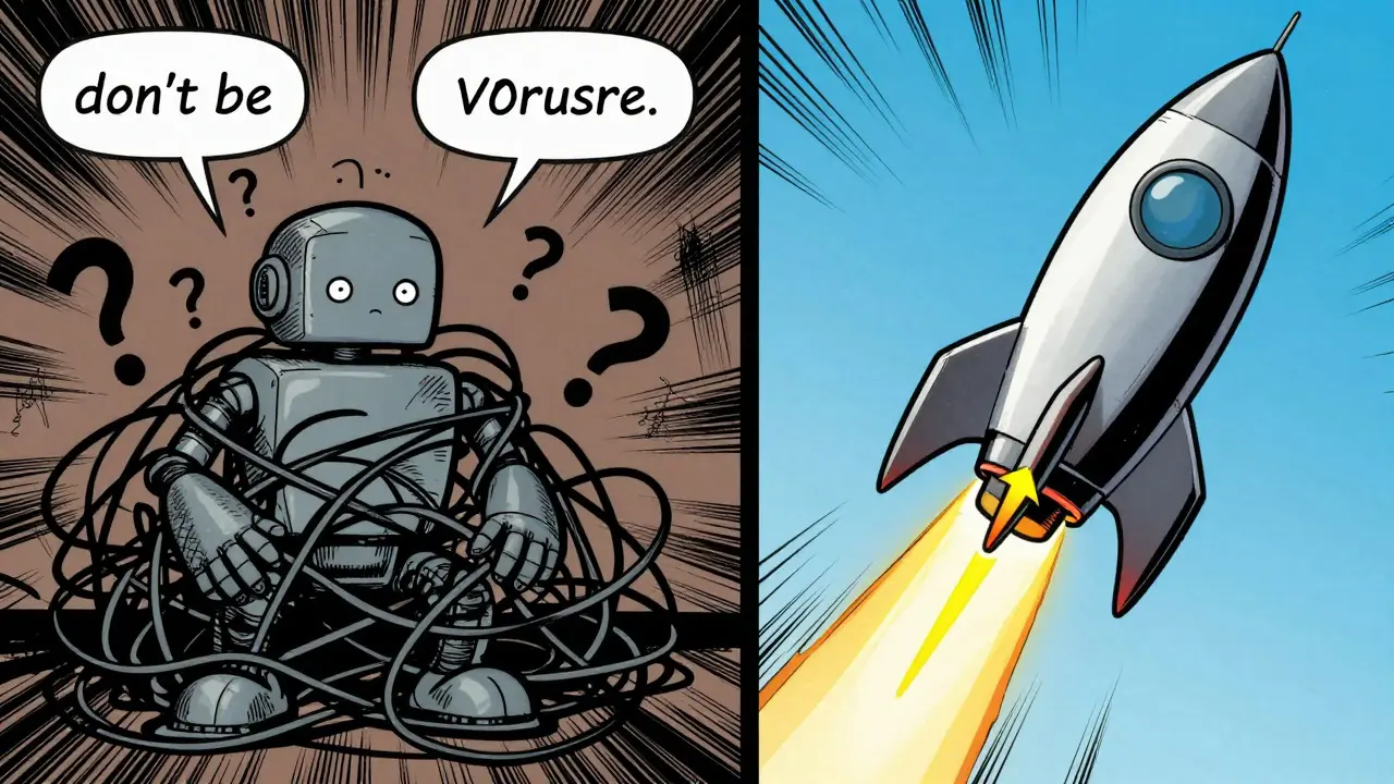 Comic book split-screen contrasting a confused robot with tangled lines against a rocket guided by clear arrows