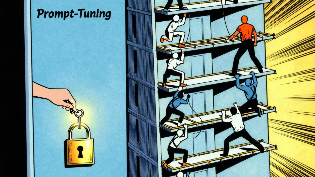 Comic illustration comparing prompt tuning lobby vs prefix tuning floors