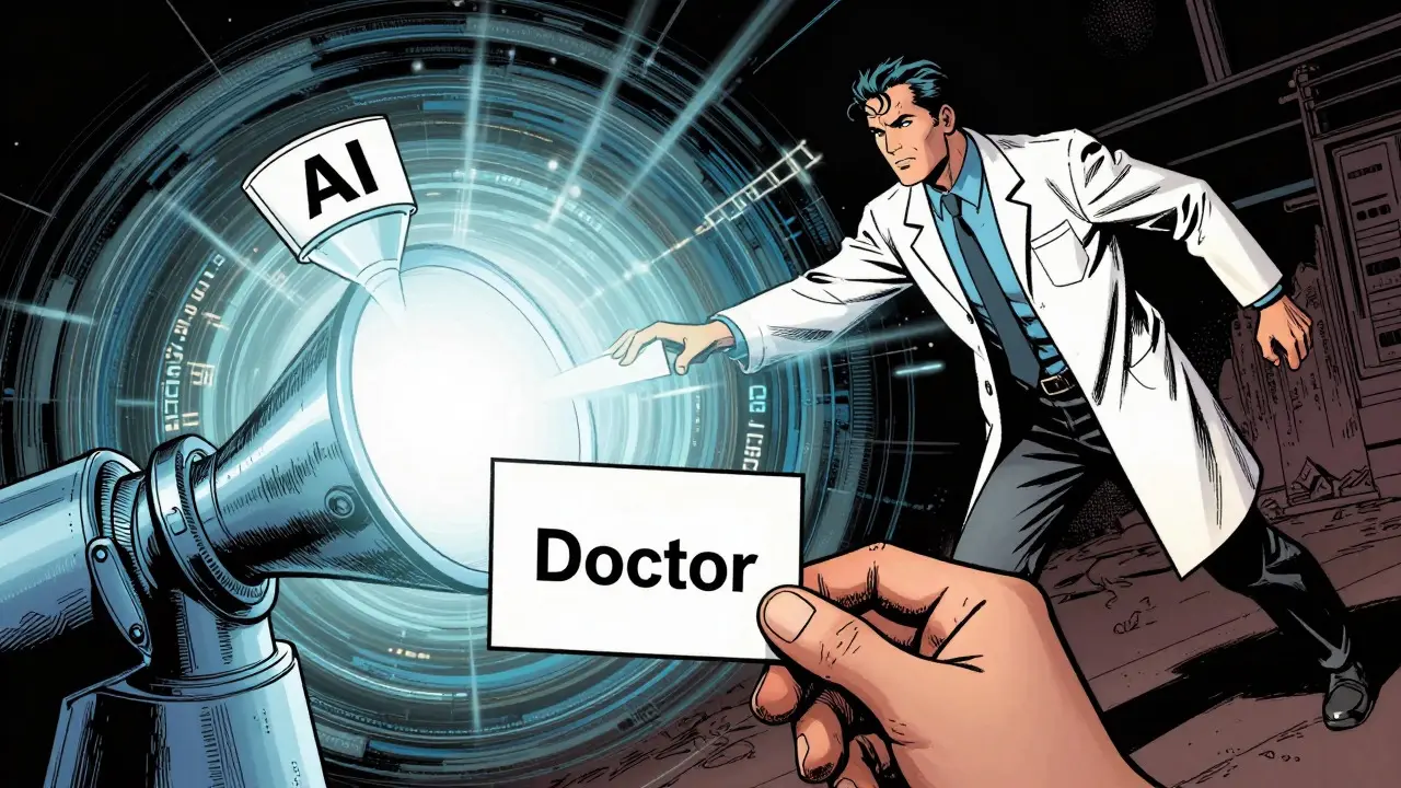 Comic style image showing AI amplifying a doctor stereotype through a machine