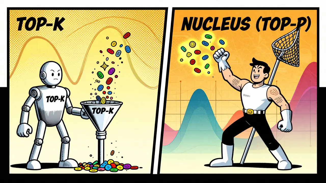 Comparison of Top-K and Nucleus sampling methods in comic style