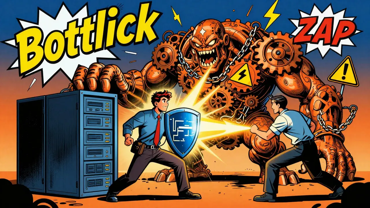 Developer and AI assistant battling a monster bottleneck in a dynamic Golden Age comic scene.