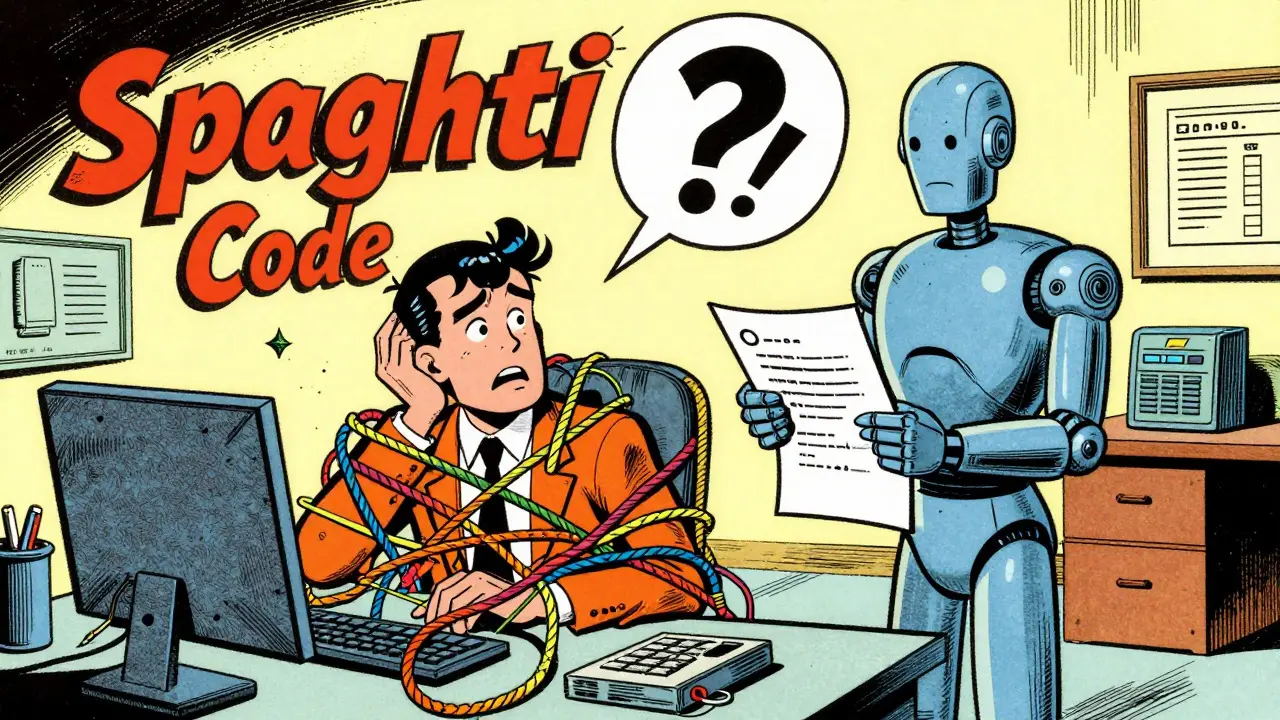 Developer tangled in spaghetti code while agent checks list, vintage comic art
