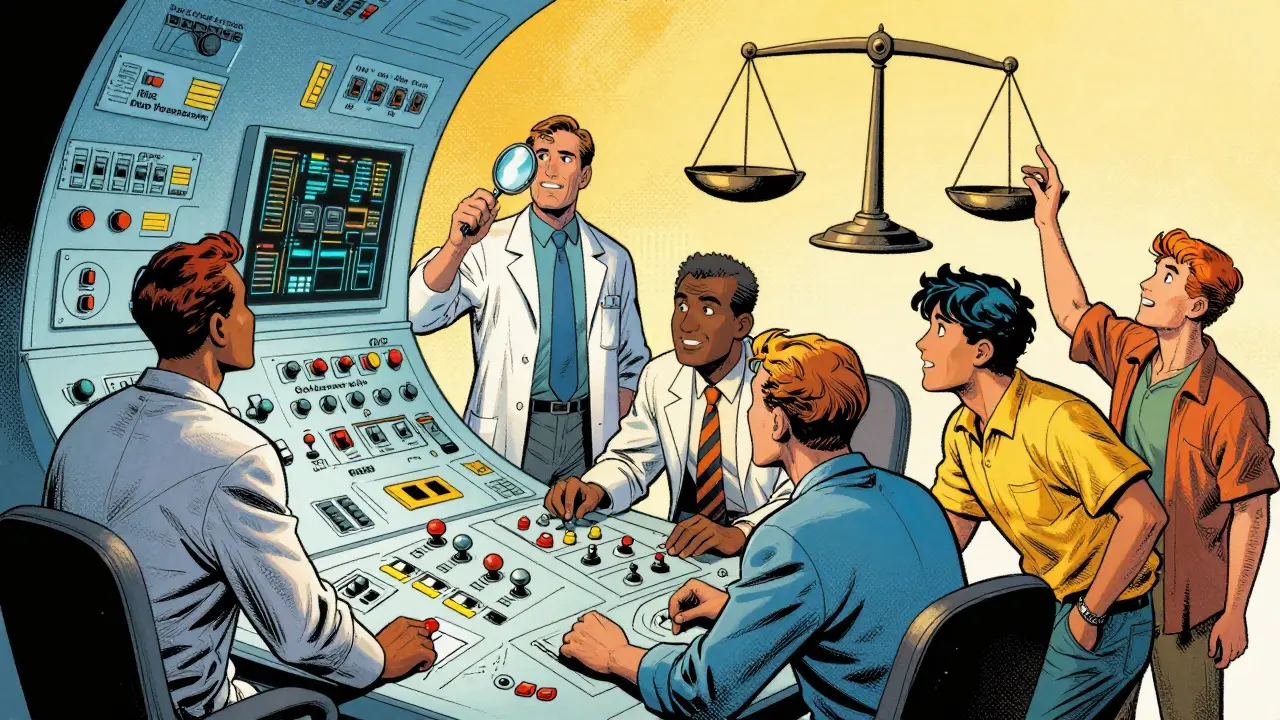Diverse team balancing an AI system in Golden Age comic style