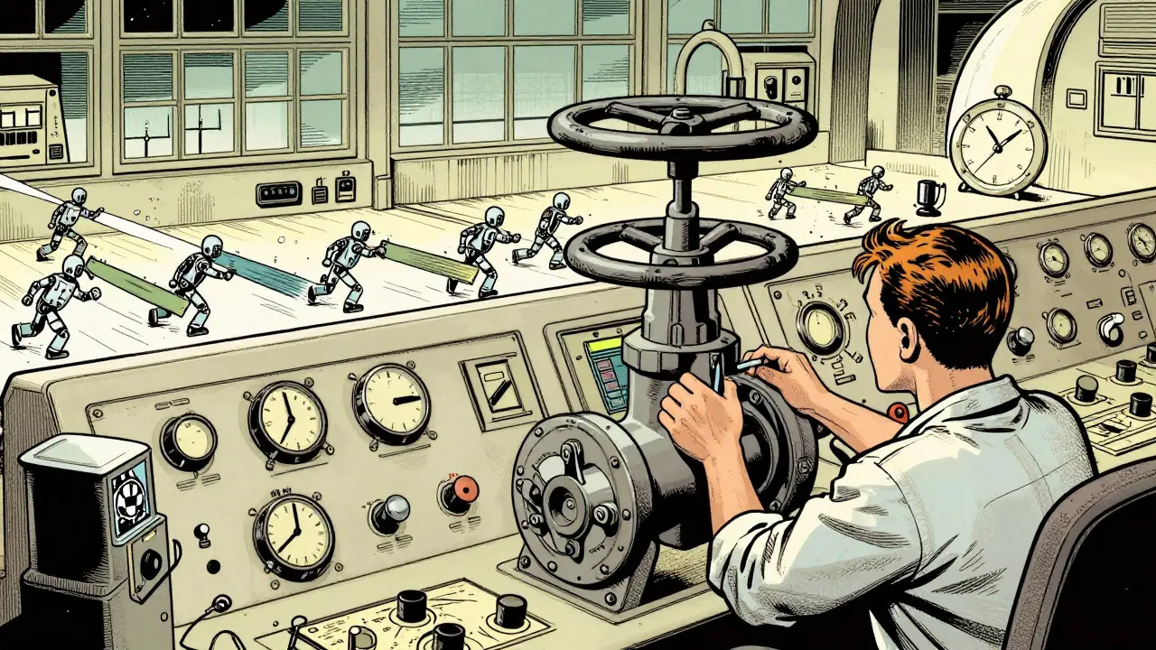 Engineer adjusting rate limit valves while blocking robots in comic style