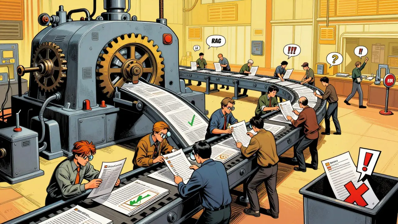 Factory-style comic showing an automated system checking AI outputs for accuracy