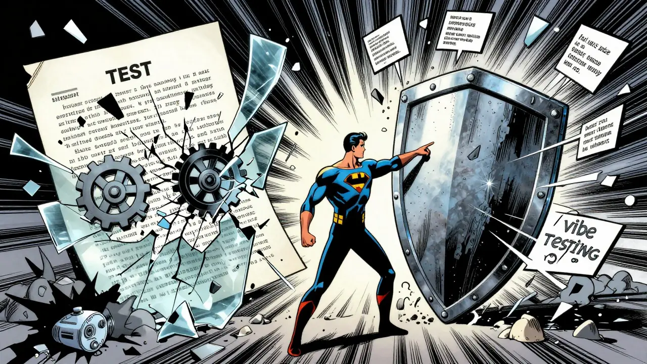 Fragile test scripts shattering next to resilient shield in comic book art
