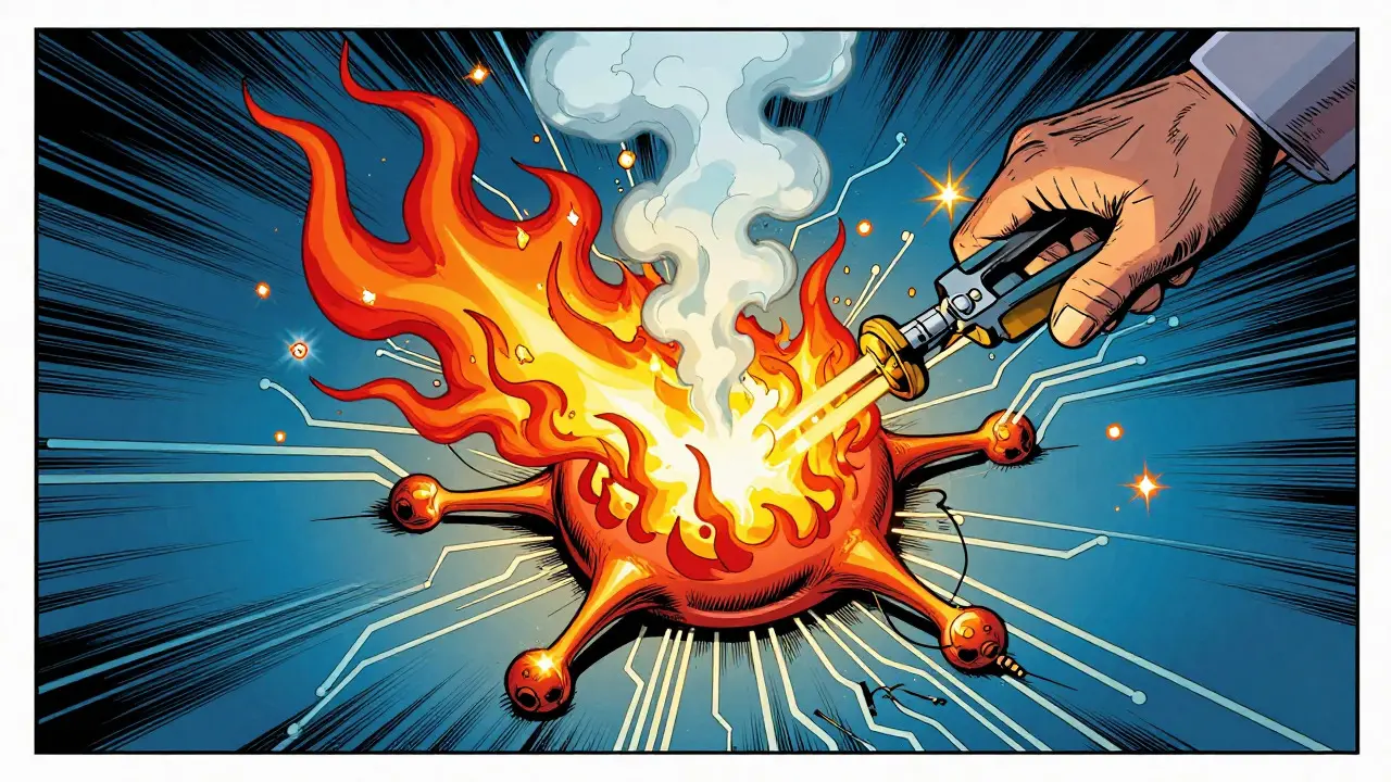 Golden Age comic art showing a neuron overheating with flames being clamped by a giant hand