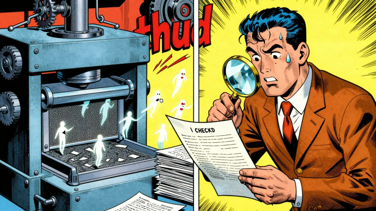 Golden Age comic comparing a failing machine filter to a successful human reviewer