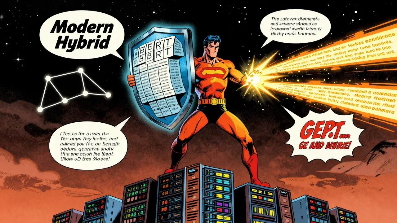 Golden Age comic hybrid AI hero combining text understanding and generation