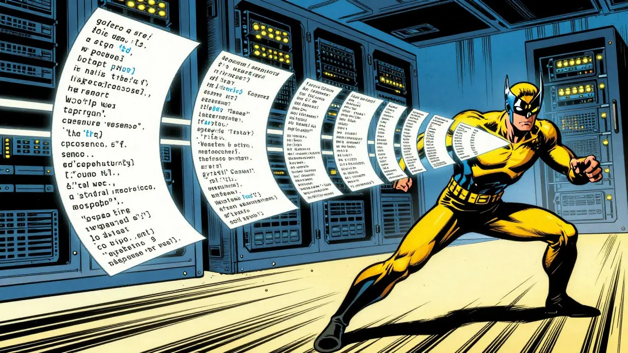 Golden Age comic style image of GPT heroically generating creative text streams.
