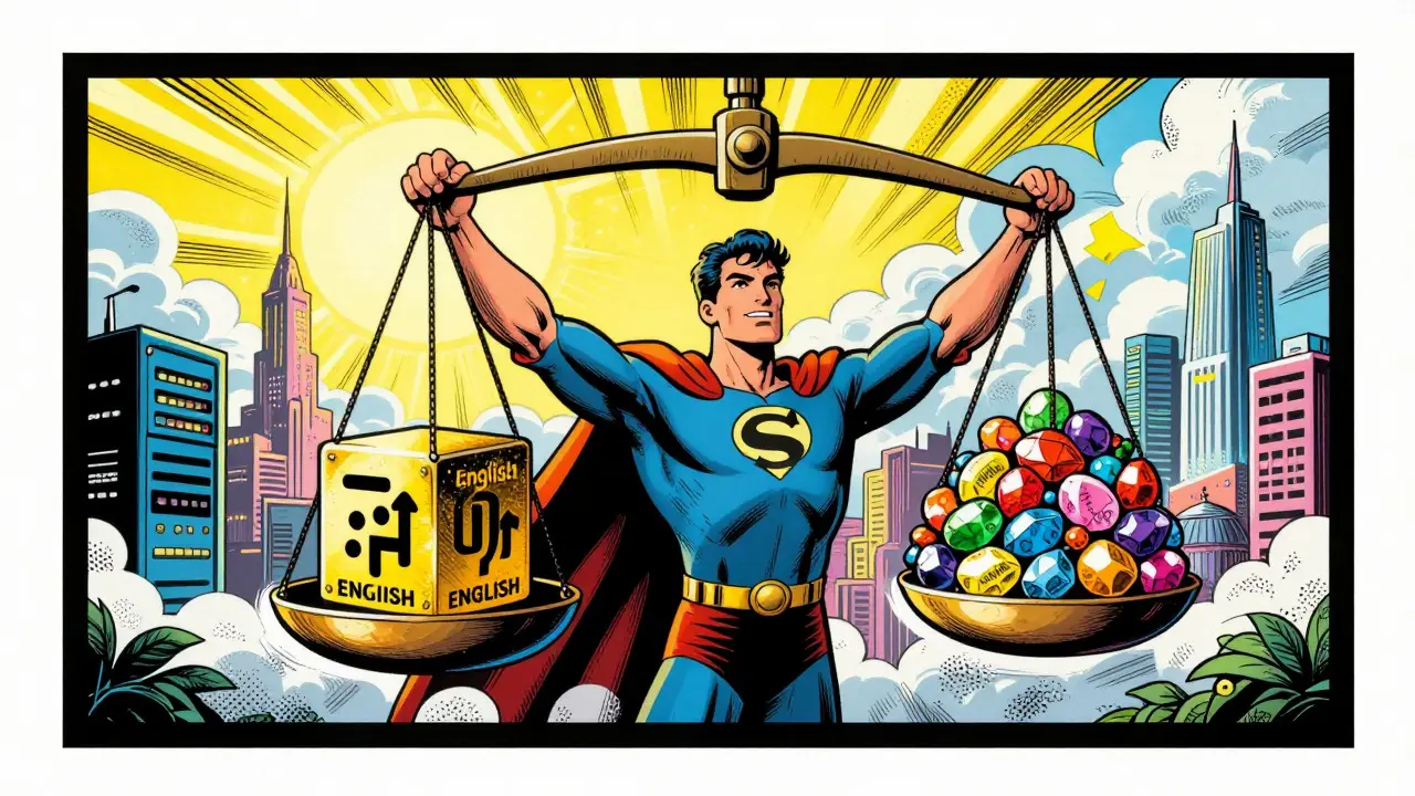 Hero balances scales between English data and global language diversity.