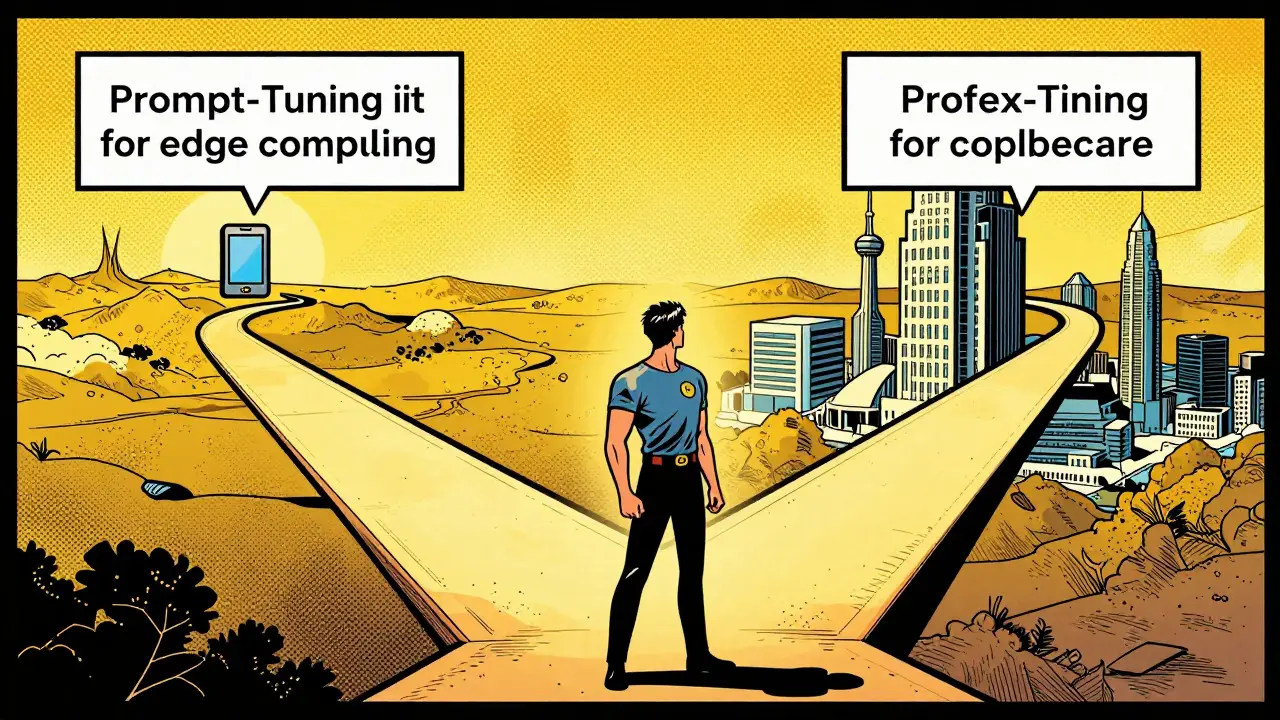 Hero choosing between efficient and accurate AI paths in retro comic art