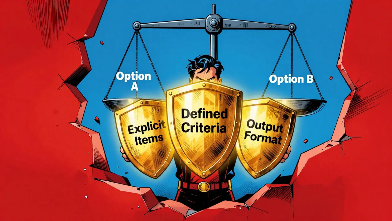 Heroic analyst holding shields of prompt criteria against chaos.