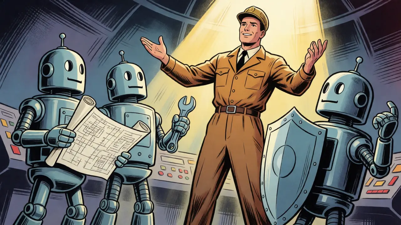 Heroic engineer orchestrating three robotic AI agents in a futuristic control room