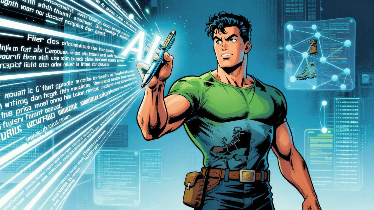Heroic marketer using AI tool to generate product copy