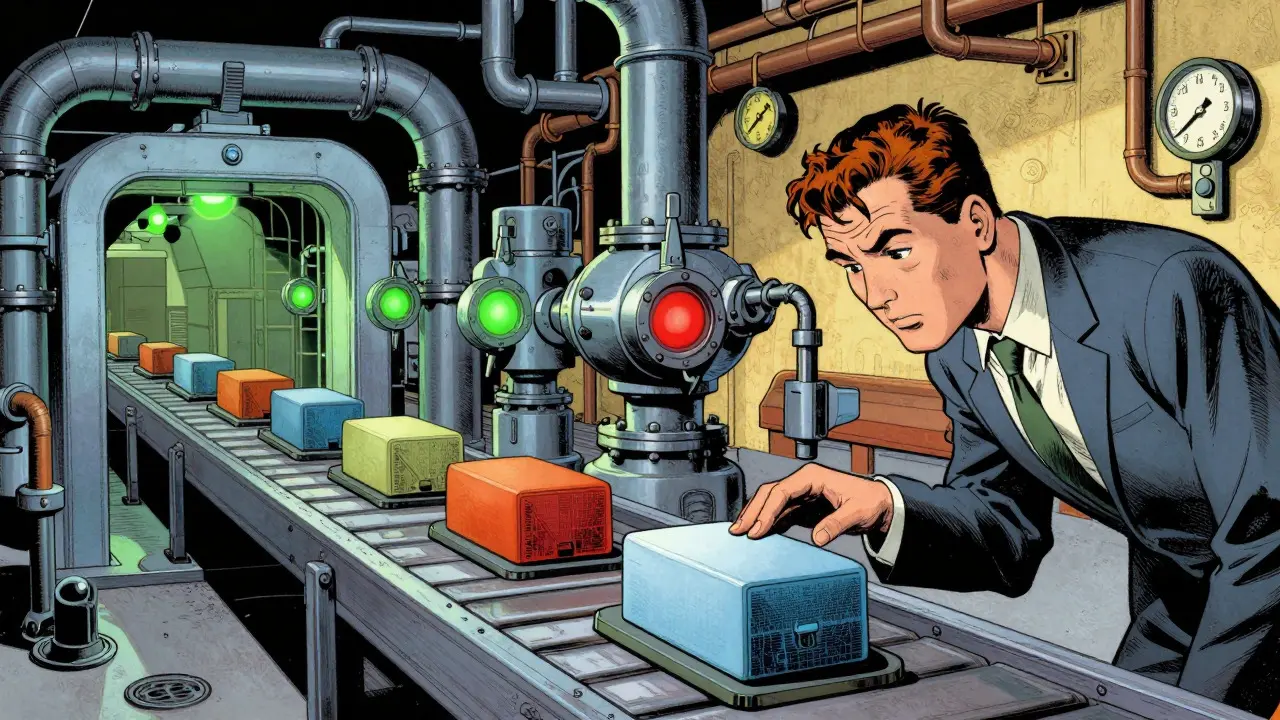 Human inspector checking software quality on a robotic assembly line