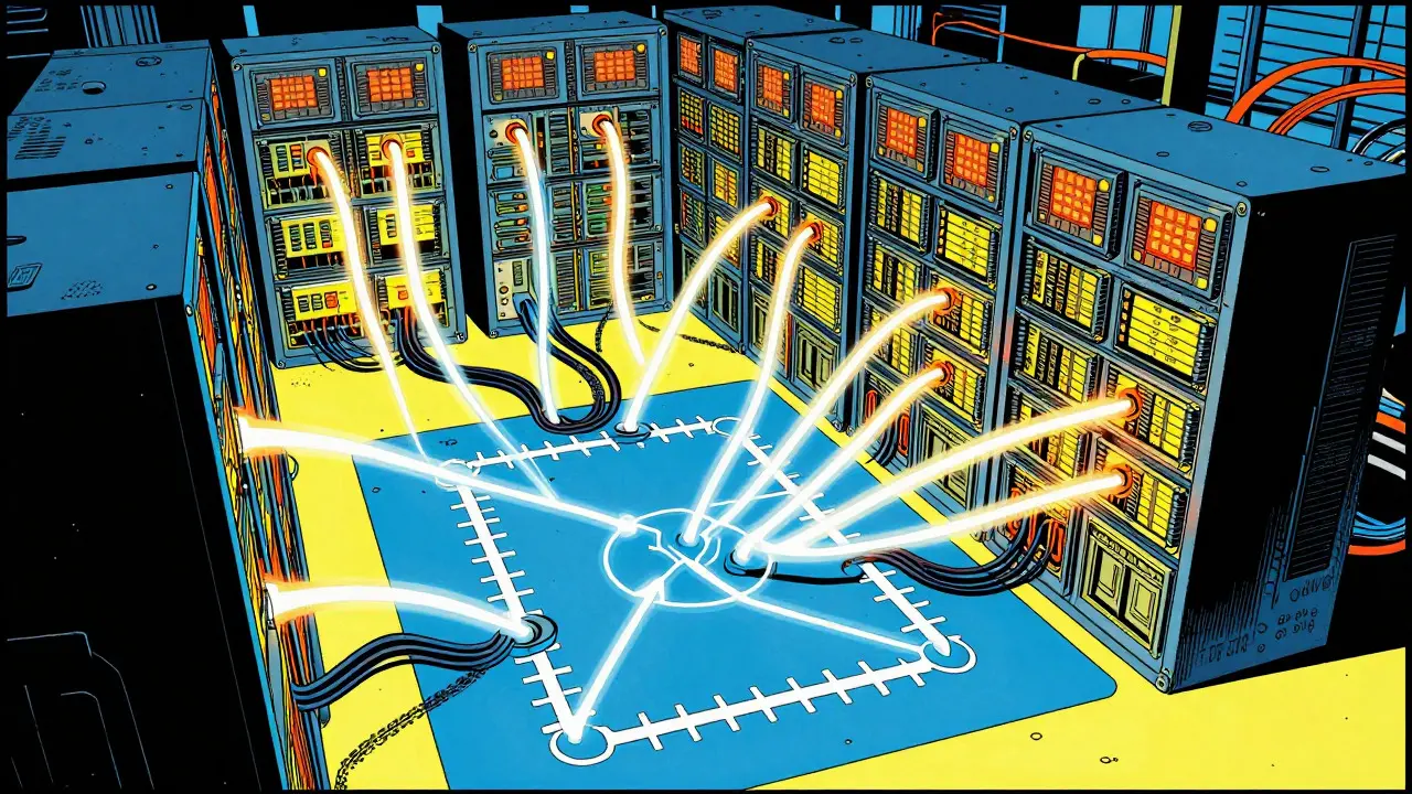 Hybrid supercomputer cluster with glowing interconnected cables