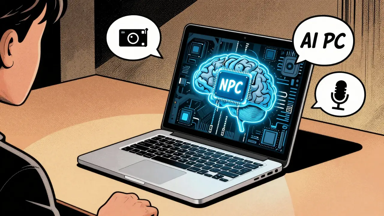 Laptop with glowing NPU chip processing local AI tasks in vintage comic art.