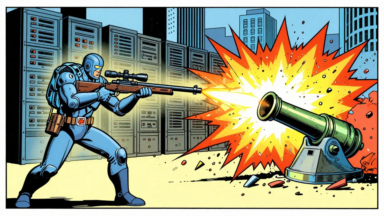 Precision RAG tool hitting a target while a brute-force cannon creates a messy explosion.