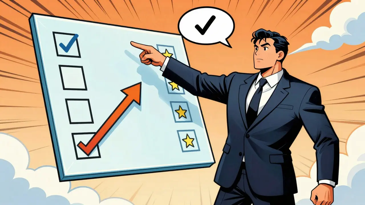 Professional pointing at a clear decision chart in Golden Age art.