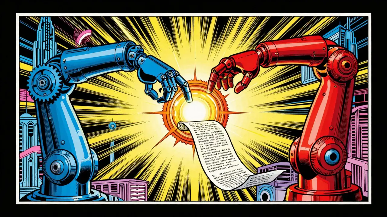 Retro comic art of a hybrid AI system combining encoder and decoder functions.