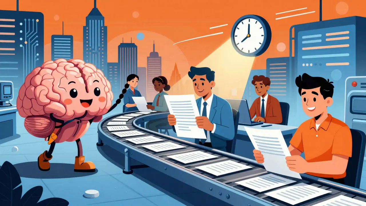 Retro comic style illustration of an efficient AI-human collaborative workflow