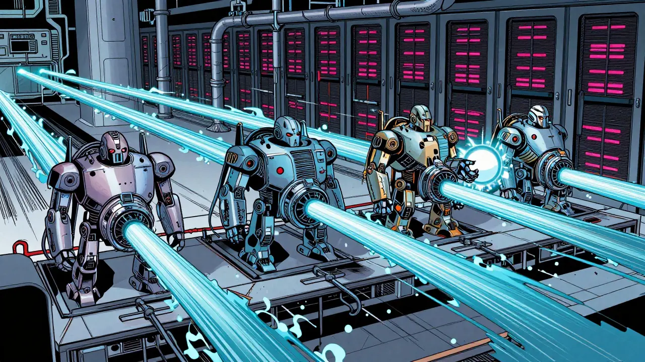 Robotic GPUs passing data orbs in an assembly line pipeline
