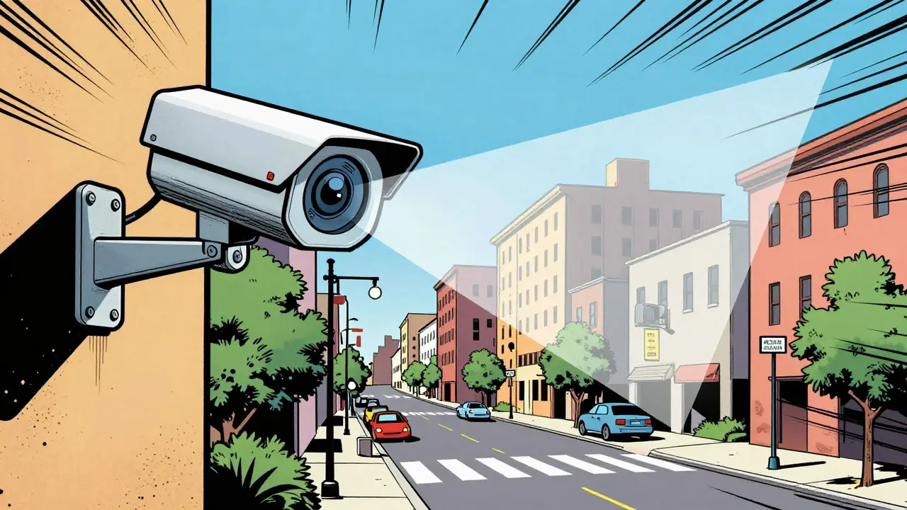 Security camera analyzing street scene locally in Golden Age comic book style.